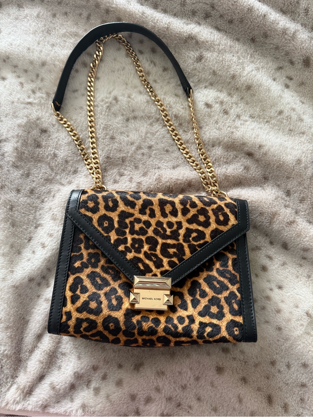 Michael Kors Leopard Print Crossbody with Black Trim and Gold Chain